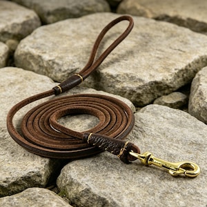 May include: A brown leather dog leash with a looped handle and a gold-colored metal clasp. The leash is coiled on a bed of gray rocks, showcasing its design and texture. The leash is made of a durable material.