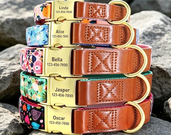 Gepersonaliseerde halsband en riem set, echt leer gegraveerde naam gesp, verstelbaar aangepast huisdier cadeau