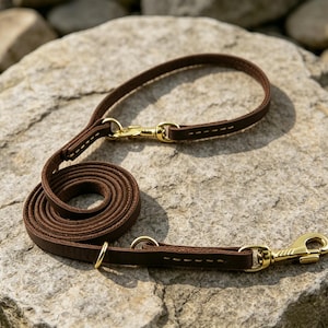 May include: A dark brown leather lead featuring gold-toned metal hardware, including two swivel snap hooks and two circular rings. The lead is constructed with visible white stitching along the leather segments and is coiled into a circular shape.