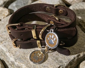 Halsband van volnerf leer voor honden, met optie voor gepersonaliseerde naamplaat