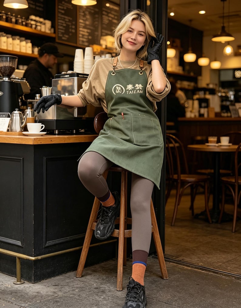 May include: A green apron with the text "TAIZAN" and a logo, worn by a person in a coffee shop. The apron has brown leather straps. The person is wearing black gloves and is sitting on a wooden stool.