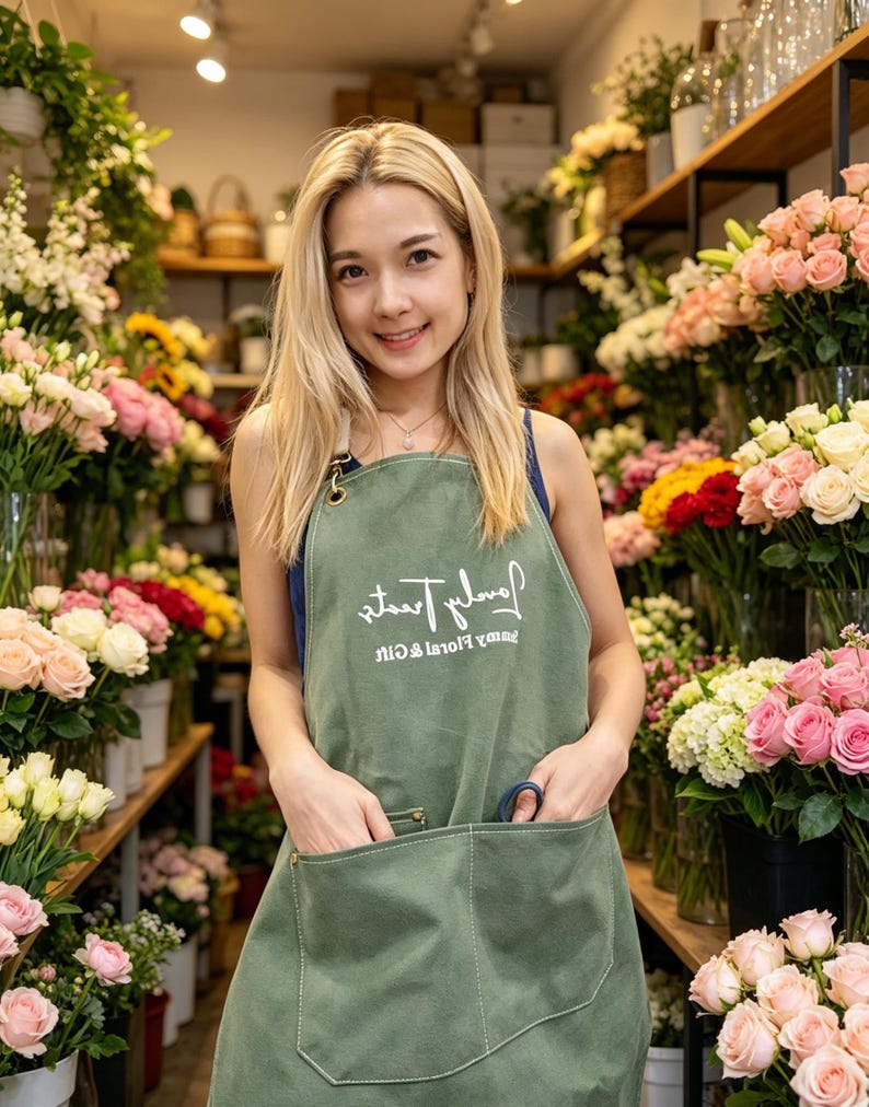 May include: A woman in a green apron stands in a flower shop, surrounded by bouquets of roses and other flowers. The apron has the text "Sunny Floral & Gift" in white. The shop is well-lit, with flowers on shelves and in vases.