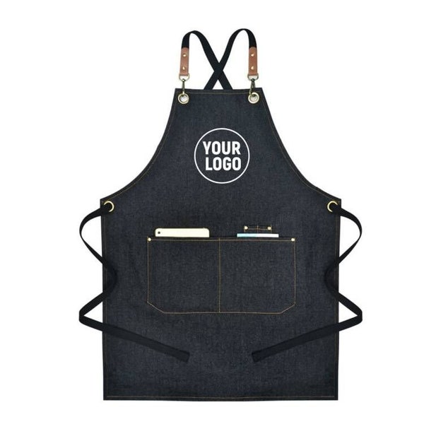 Tablier en denim unisexe personnalisé, cadeau de tabliers avec logo personnalisé pour restaurant, boulangerie, café, cuisine