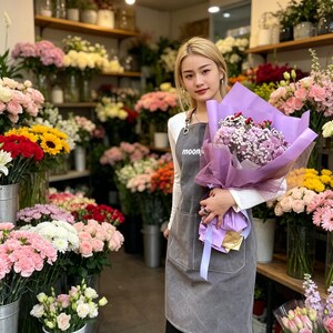 May include: A woman in a gray apron holding a bouquet of purple flowers wrapped in lavender paper. The background is a flower shop filled with various colorful flowers in vases and buckets.