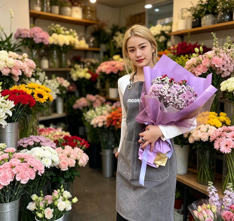 May include: A woman in a gray apron holding a bouquet of purple flowers wrapped in lavender paper. The background is a flower shop filled with various colorful flowers in vases and buckets.