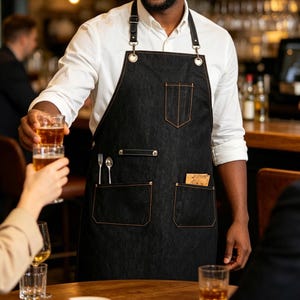 Puede incluir: Un delantal de mezclilla negro con correas de cuero y múltiples bolsillos. El delantal tiene costuras naranjas y contiene un tenedor y una cuchara en un bolsillo. Una persona sostiene un vaso de cerveza. El entorno parece ser un bar o restaurante.