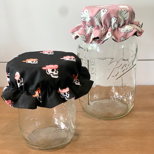 Funda reversible para frasco de masa madre con diseño de fantasmas de Halloween / Funda de tela para frasco / Accesorios de temporada espeluznante / Calaveras de vaquero