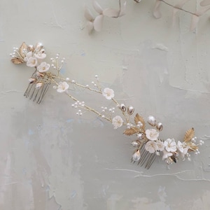 Silver Wedding Hair Comb, Gold Bridal Hairpiece, White Flower Headpiece Vine 3496