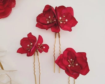 Red Flower Bridal Headpiece Wedding Hair Pins Floral Hair Piece Accessory Boutonniere for Groom set 3327