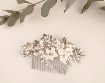 Braut Haarkamm Silber, Blumen Hochzeit Kopfschmuck, Kristall dekorativer Haarkamm 3465