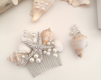 Beach Bridal Hair Comb Silver Seashell Starfish Headpiece for Summer Gold Destination Wedding 3275