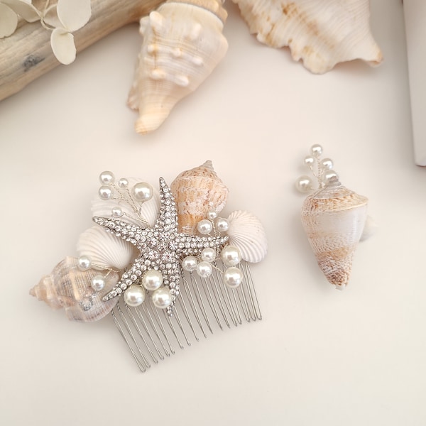 Beach Bridal Hair Comb Silver Seashell Starfish Headpiece for Summer Gold Destination Wedding 3275