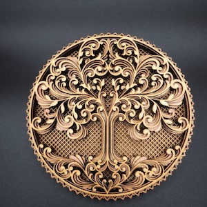 May include: A circular wooden wall art piece featuring an intricate design of a tree with swirling branches and leaves. The tree is surrounded by a decorative border.
