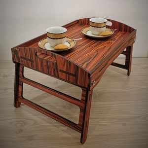 Palisander bed ontbijtblad, dienblad, opvouwbaar dienblad, snackblad, studie in bed, houten dienblad, ontbijtblad, dienblad, jubileumcadeau