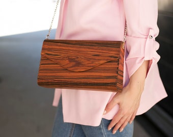 Drewniana torba, palisander Rio Wood Bag, drewniana kopertówka, drewniana torebka, damska torba, wieczorowa kopertówka, nowoczesna kopertówka, drewniana torebka, prezent dla niej