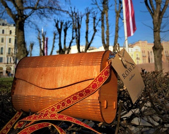 Marigold Orange Wooden Clutch: Eco Baltic Birch Bag with Latvian Band