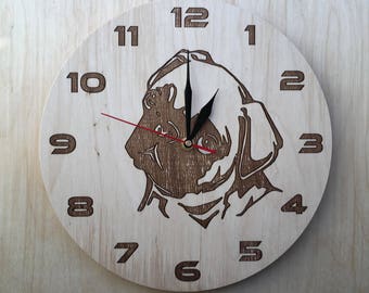 Wood Dog clock,Pug clock,Wall clock,Wooden clock,Dog clock,Plywood clock,Wooden gift, Gift for dog lovers,Laser engraved clock,
