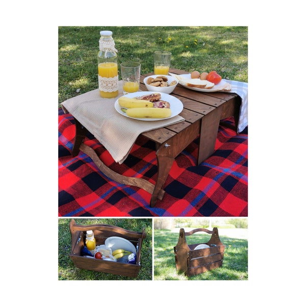 Faltbarer Picknick Korbtisch (2in1), Picknicktisch aus Holz, Picknickkorb, Campingkorb, Outdoor-Picknicktisch, Faltbarer Picknicktisch,