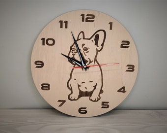 Wood Dog clock,French Bulldog clock,Wall clock,Wooden clock,Dog clock,Plywood clock,Wooden gift, Gift for dog lovers,Laser engraved clock,