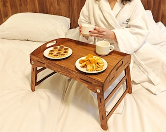 Wooden Breakfast Tray with Folding Legs: Bed Desk with Walnut Finish