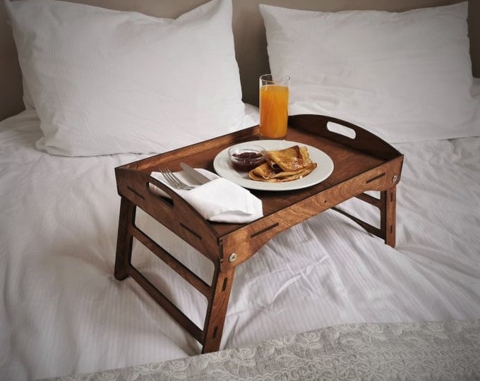 Wooden Breakfast Tray with Folding Legs: Bed Desk with Walnut Finish
