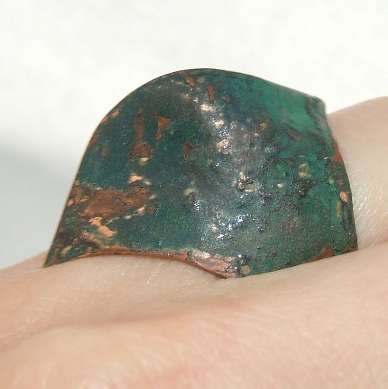 green wave shape fits the finger perfectly. enamel and patina on copper Big asymmetric ring