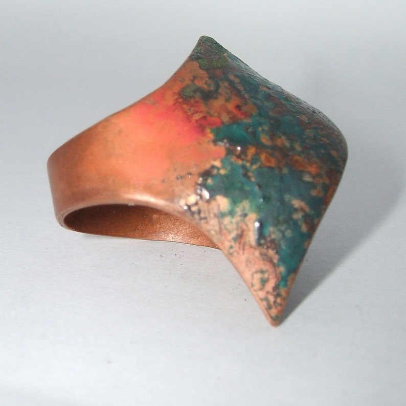 green wave shape fits the finger perfectly. enamel and patina on copper Big asymmetric ring