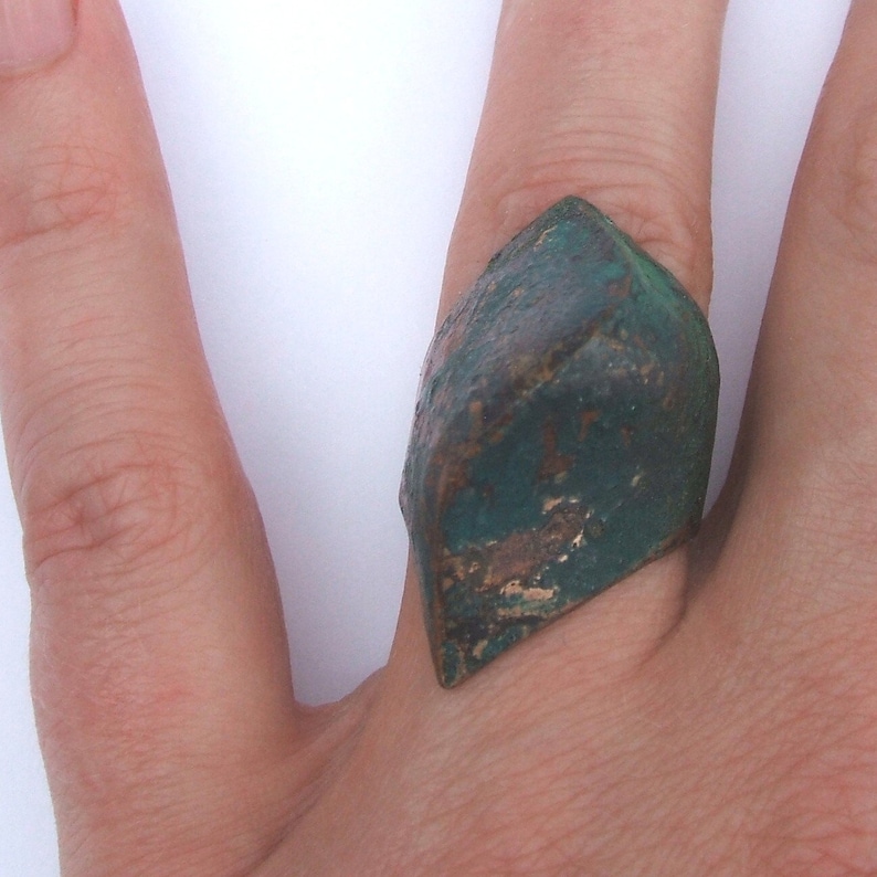 green wave shape fits the finger perfectly. enamel and patina on copper Big asymmetric ring