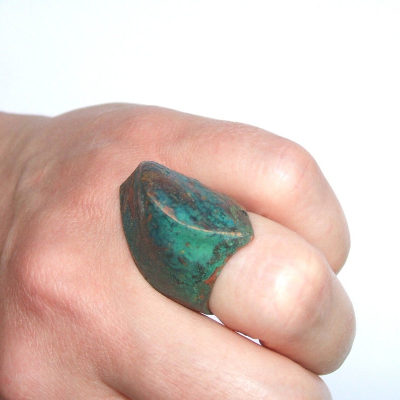 green wave shape fits the finger perfectly. enamel and patina on copper Big asymmetric ring