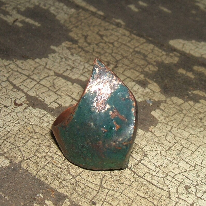 green wave shape fits the finger perfectly. enamel and patina on copper Big asymmetric ring