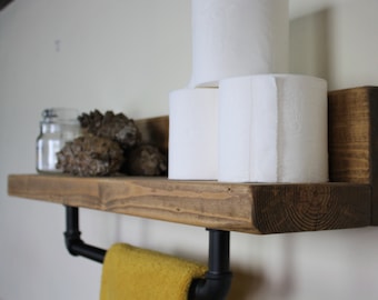 Rustic Industrial Bathroom Shelf With Towel Rail, Vintage, Dark Oak Oil, Reclaimed Style Shelves