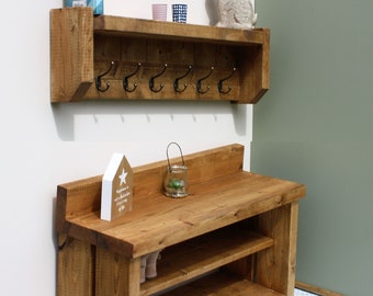 Matching Farmhouse Coat Rack And Shoe Boot Rack Bench Solid Chunky Wood Rustic (2 piece set)