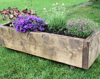 Large Solid Wood Garden Planter, Rustic Reclaimed Style, Strong Wooden Plant Pot, Herb Garden