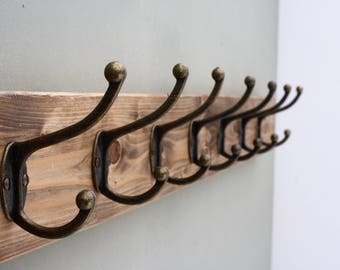 Antique Style Wooden Coat Rack Vintage Handmade Cast Iron Coat Hooks Rustic Wall Mounted