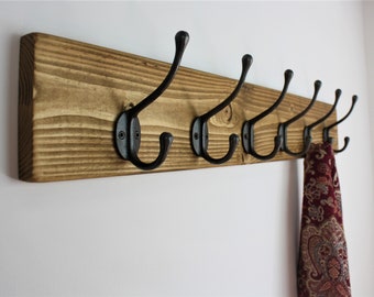 Rustic Wooden Coat Rack With Large Cast Iron Hooks Vintage Handmade Antique Coat Hooks Wall Mounted Oak Wax