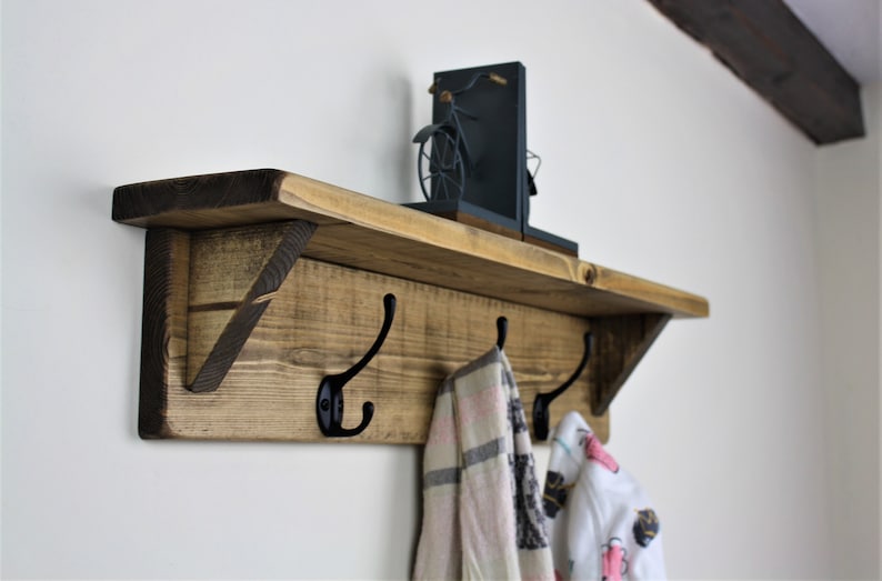 Rustic Reclaimed Wooden Coat Rack Coat Hooks With Shelf Wall Mounted Solid Wood Aged Grey Medium Dark Oak Wax Colour Cast Iron Hooks bild 3
