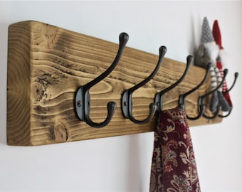 Multiple Finishes Handmade Solid Wood Rustic Farmhouse Style Wall Mount Coat Rack with Vintage Cast Iron Hooks 