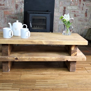 Rustic Stacked Style Coffee Table, Solid Wood, Medium Oak Colour, Reclaimed Style, Farmhouse Furniture