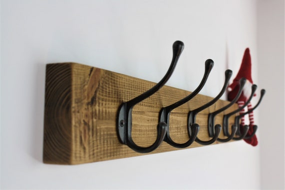 Rustic Wooden Coat Rack With Large Cast Iron Hooks Vintage Handmade Antique Coat Hooks Wall Mounted Oak Wax Etsy
