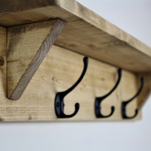 Rustic Reclaimed Wooden Coat Rack Coat Hooks With Shelf Wall Mounted Solid Wood Aged Grey Medium Dark Oak Wax Colour Cast Iron Hooks Medium Oak