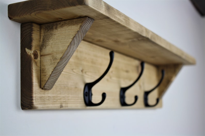 Rustic Reclaimed Wooden Coat Rack Coat Hooks With Shelf Wall Mounted Solid Wood Aged Grey Medium Dark Oak Wax Colour Cast Iron Hooks Medium Oak