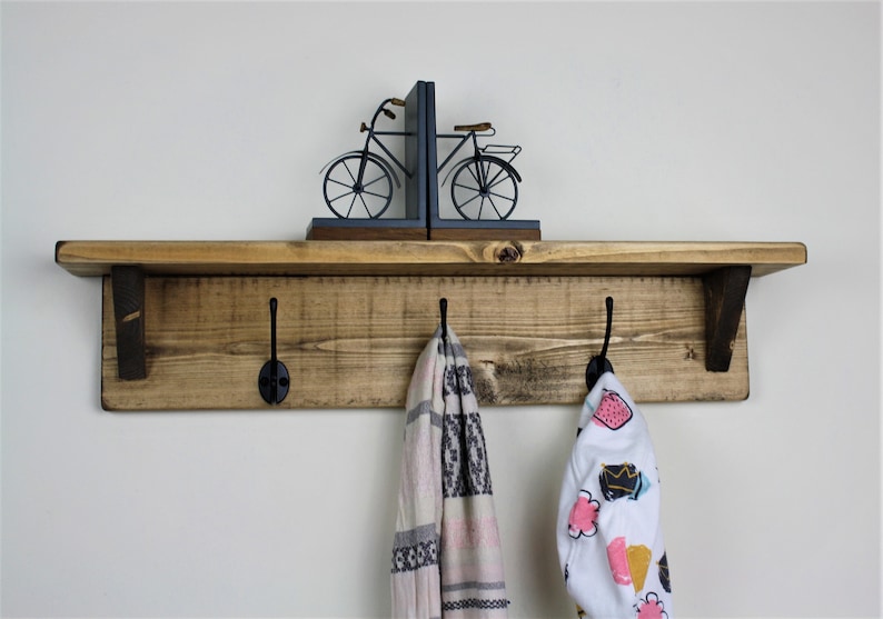 Rustic Reclaimed Wooden Coat Rack Coat Hooks With Shelf Wall Mounted Solid Wood Aged Grey Medium Dark Oak Wax Colour Cast Iron Hooks bild 4