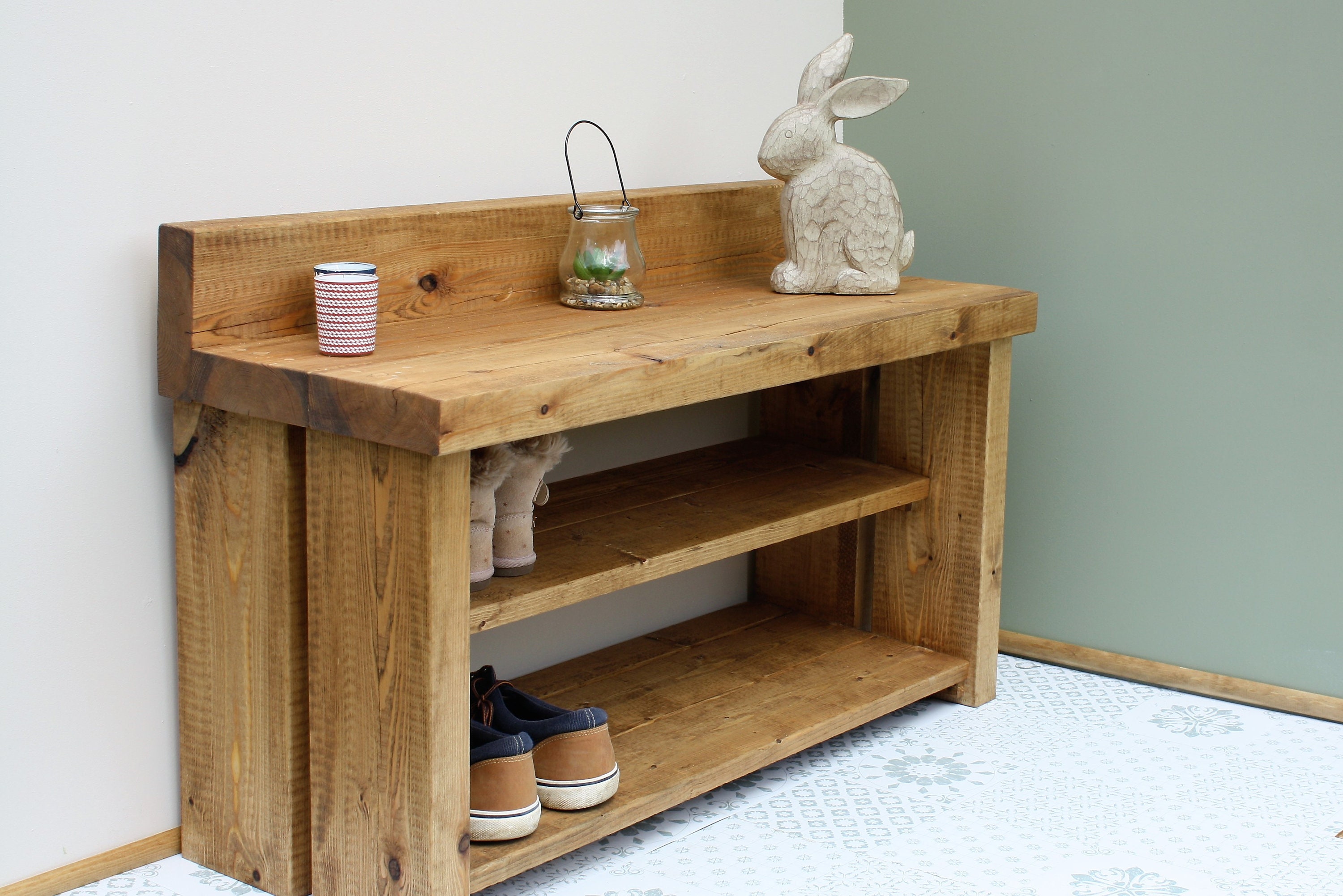 Rustic Farmhouse wooden Boot and Shoe Rack - Chunky and very solid - 2  Shelves