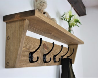 Modern Rustic Wooden Coat Rack Coat Hooks With Shelf Wall Mounted Solid Wood Antique Oak Oil Colour Cast Iron Hooks