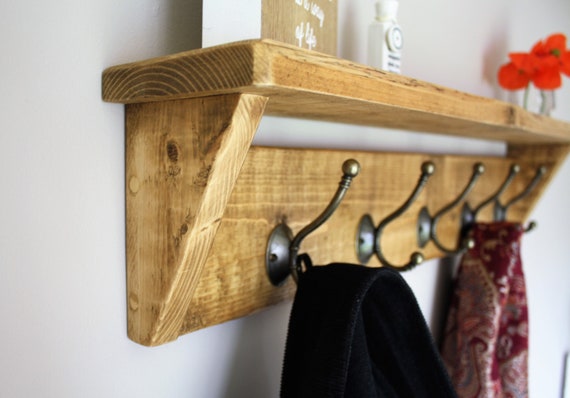 Rustic Reclaimed Wooden Coat Rack Coat Hooks With Shelf Wall Mounted Solid Wood  Antique Oak Wax Colour Cast Iron Hooks 