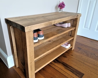 Rustic Shoe Rack Boot Rack Bench Golden Oak Solid Chunky Wood Antique Wooden 3 tier