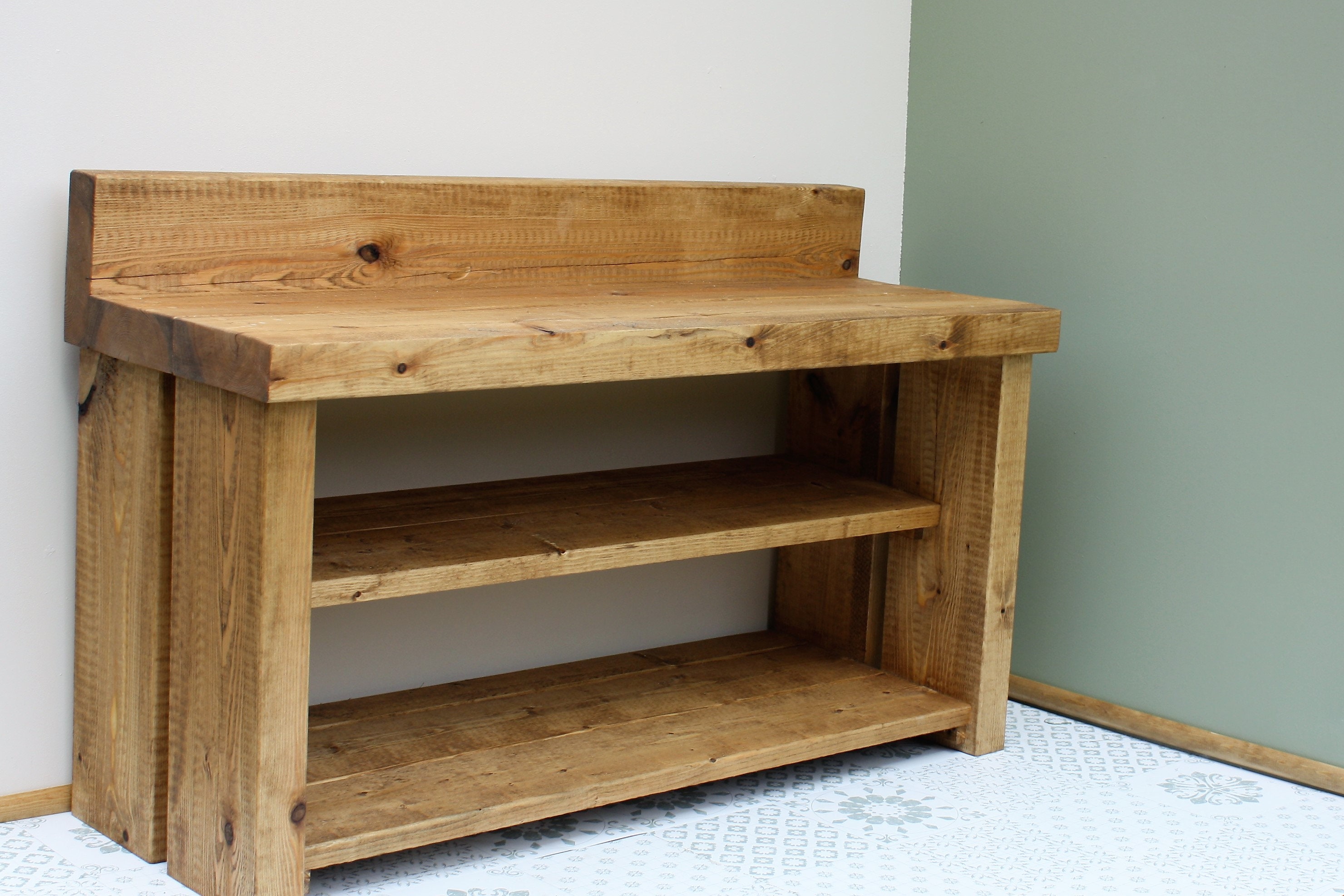 Rustic Farmhouse Shoe Rack Storage Shelf Reclaimed Chunky Solid Wood Dark Oak 