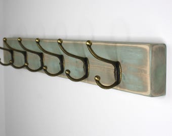 Rustic Wooden Coat Rack Solid Wood Stripped Paint Green Dark Oak Wall Mounted Antique