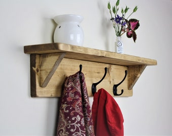 Rustic Reclaimed Wooden Coat Rack Coat Hooks With Shelf Wall Mounted Solid Wood Aged Grey Medium Dark Oak Wax Colour Cast Iron Hooks