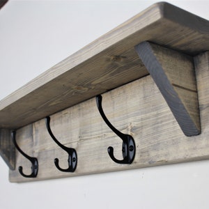 Rustic Reclaimed Wooden Coat Rack Coat Hooks With Shelf Wall Mounted Solid Wood Aged Grey Medium Dark Oak Wax Colour Cast Iron Hooks Aged Grey